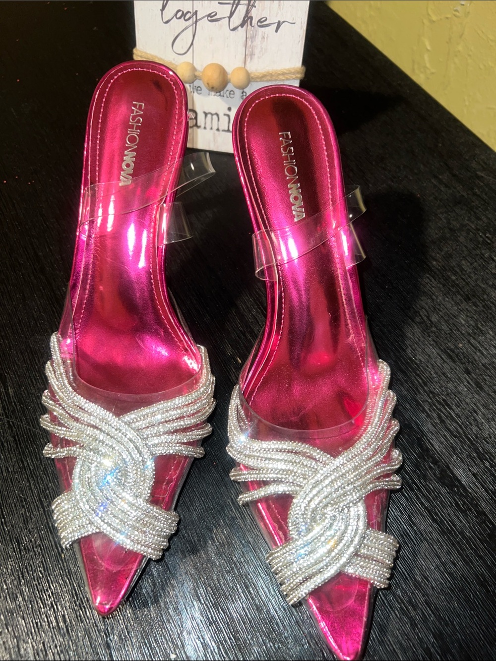 Fashion Nova Hot Pink Rhinestone Braided Pointed Mules